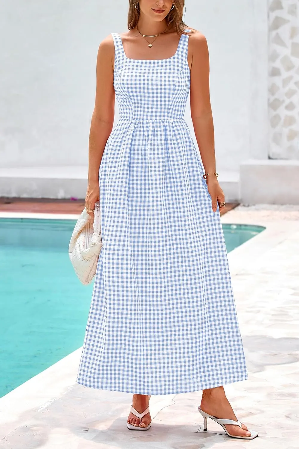 PRETTYGARDEN Women's 2025 Summer Spaghetti Strap Maxi Dresses Plaid Square Neck A Line Casual Beach Vacation Long Sundress