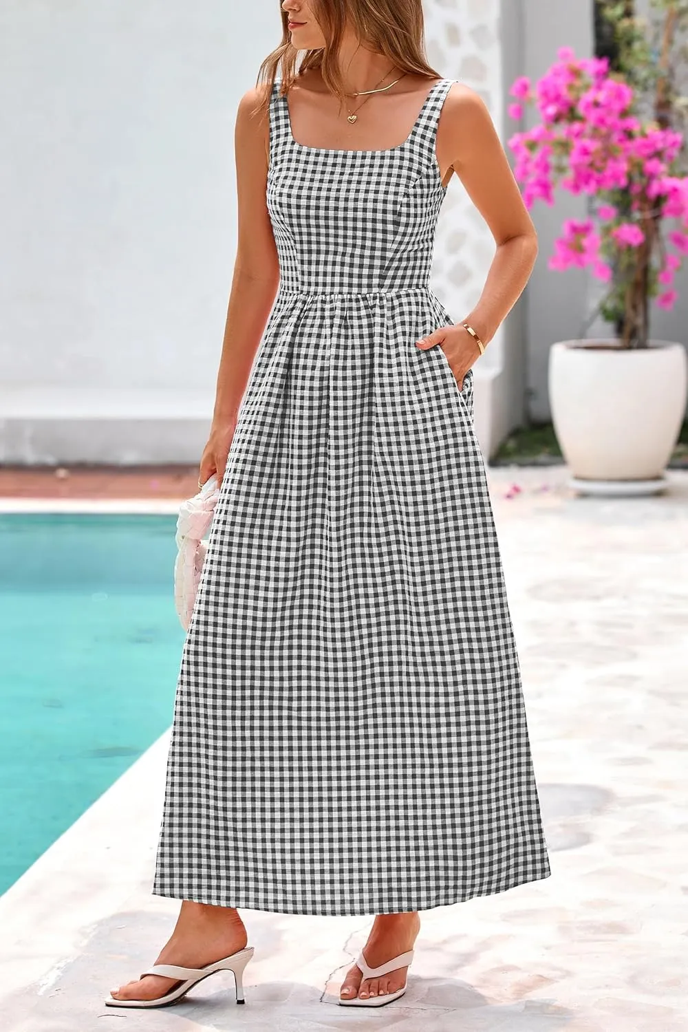 PRETTYGARDEN Women's 2025 Summer Spaghetti Strap Maxi Dresses Plaid Square Neck A Line Casual Beach Vacation Long Sundress