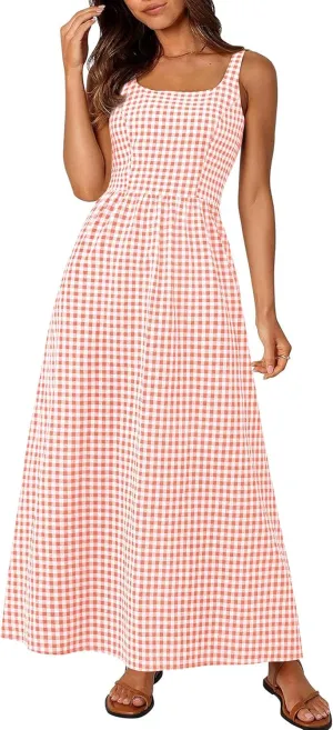 PRETTYGARDEN Women's 2025 Summer Spaghetti Strap Maxi Dresses Plaid Square Neck A Line Casual Beach Vacation Long Sundress
