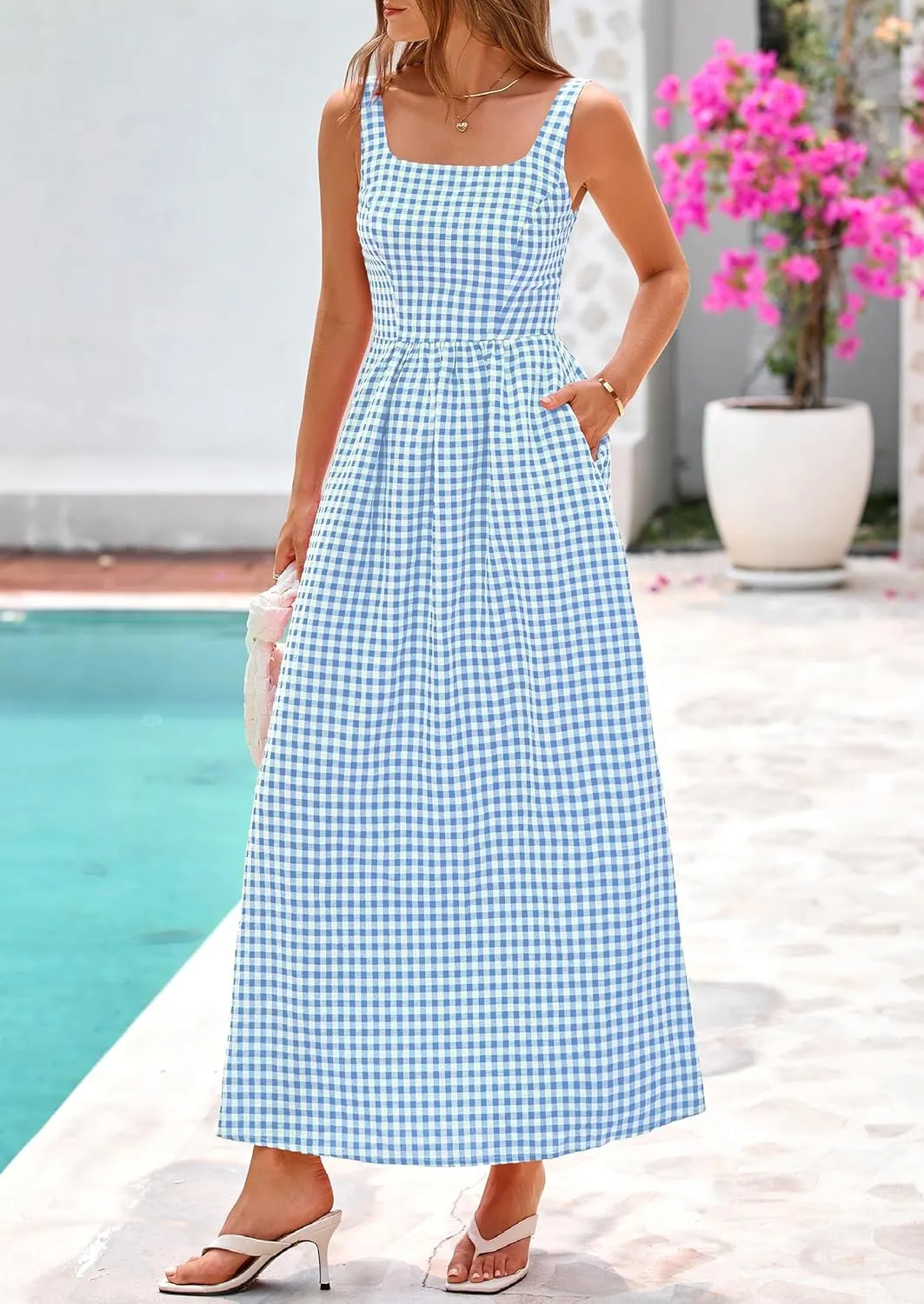 PRETTYGARDEN Women's 2025 Summer Spaghetti Strap Maxi Dresses Plaid Square Neck A Line Casual Beach Vacation Long Sundress