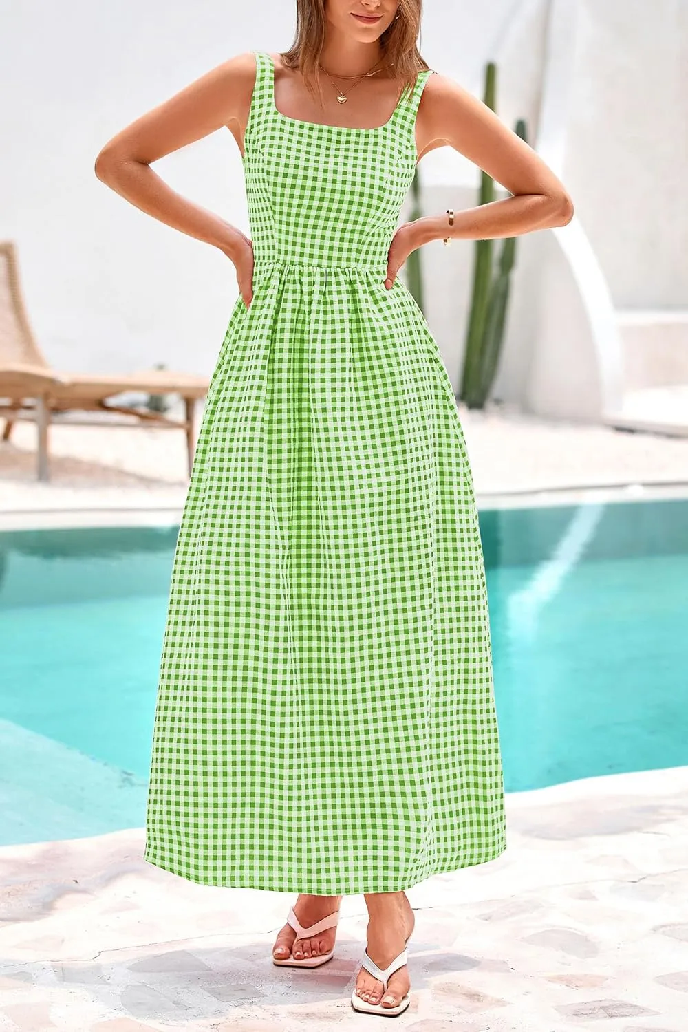 PRETTYGARDEN Women's 2025 Summer Spaghetti Strap Maxi Dresses Plaid Square Neck A Line Casual Beach Vacation Long Sundress