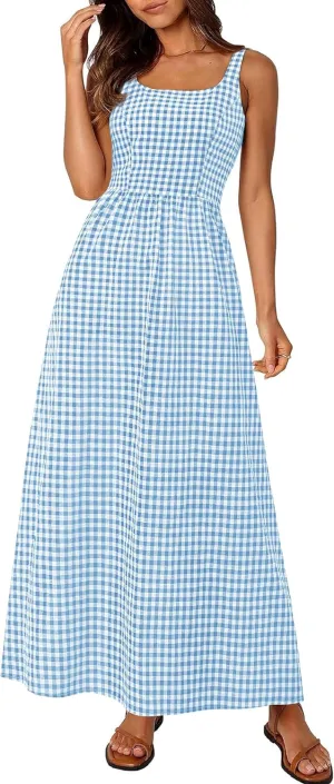 PRETTYGARDEN Women's 2025 Summer Spaghetti Strap Maxi Dresses Plaid Square Neck A Line Casual Beach Vacation Long Sundress