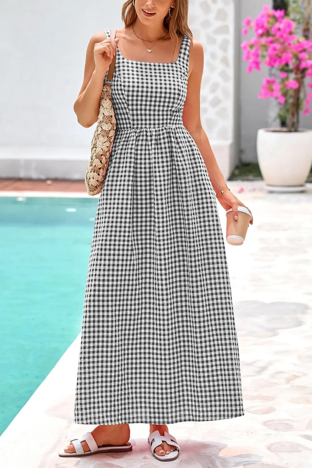 PRETTYGARDEN Women's 2025 Summer Spaghetti Strap Maxi Dresses Plaid Square Neck A Line Casual Beach Vacation Long Sundress