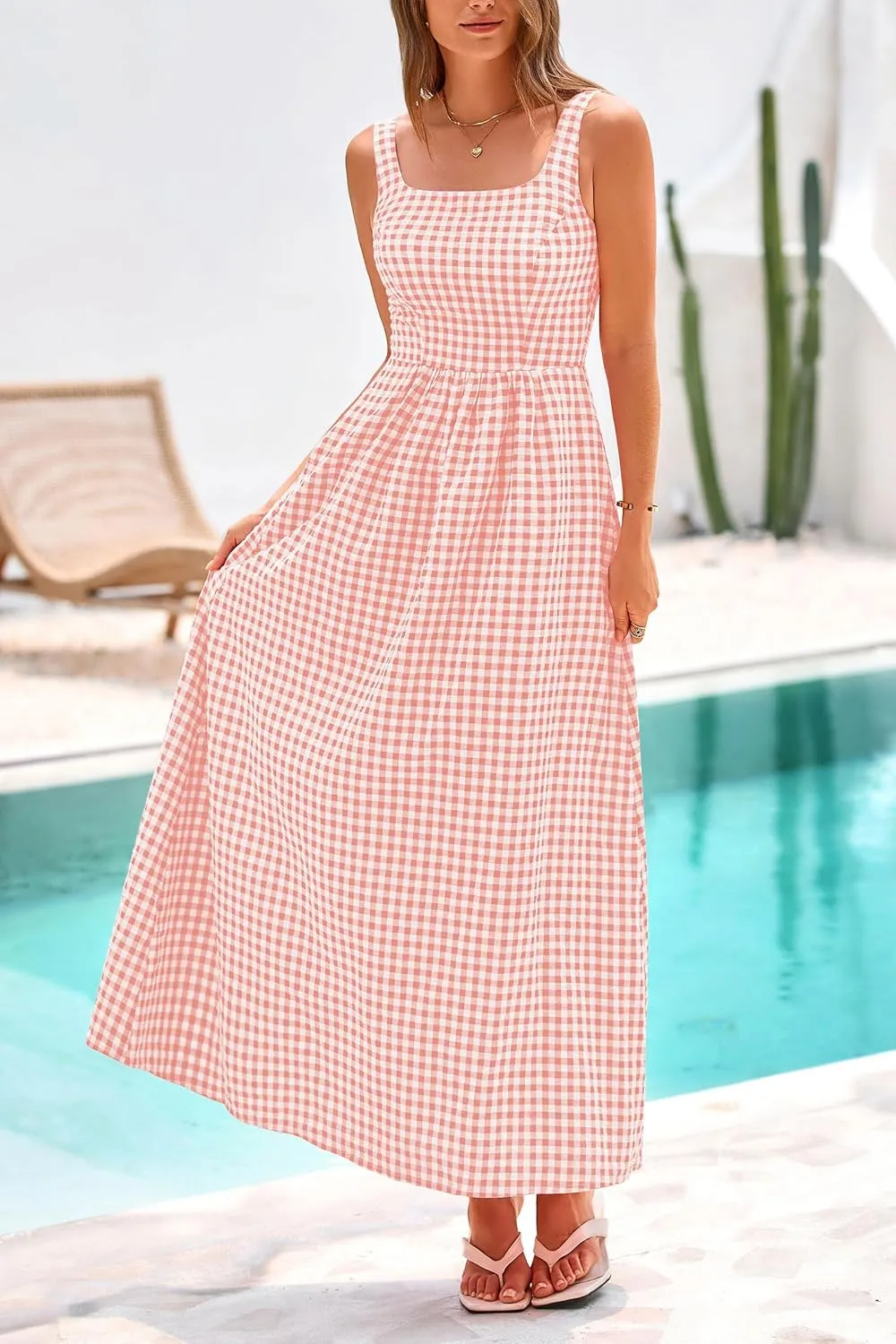 PRETTYGARDEN Women's 2025 Summer Spaghetti Strap Maxi Dresses Plaid Square Neck A Line Casual Beach Vacation Long Sundress