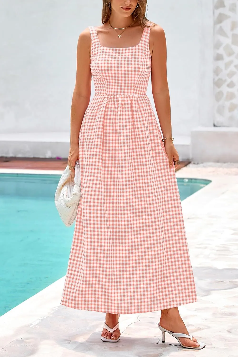 PRETTYGARDEN Women's 2025 Summer Spaghetti Strap Maxi Dresses Plaid Square Neck A Line Casual Beach Vacation Long Sundress