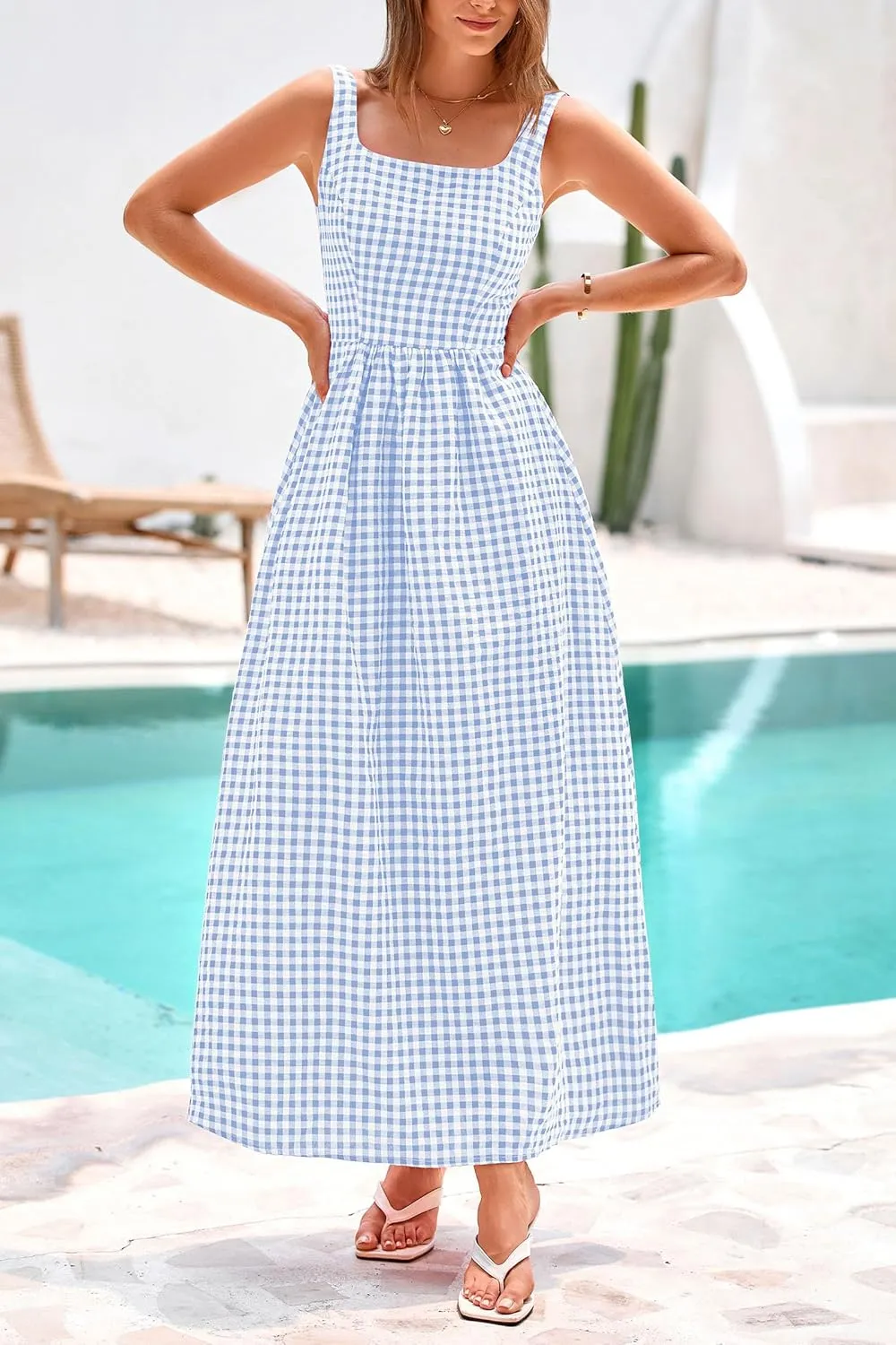 PRETTYGARDEN Women's 2025 Summer Spaghetti Strap Maxi Dresses Plaid Square Neck A Line Casual Beach Vacation Long Sundress