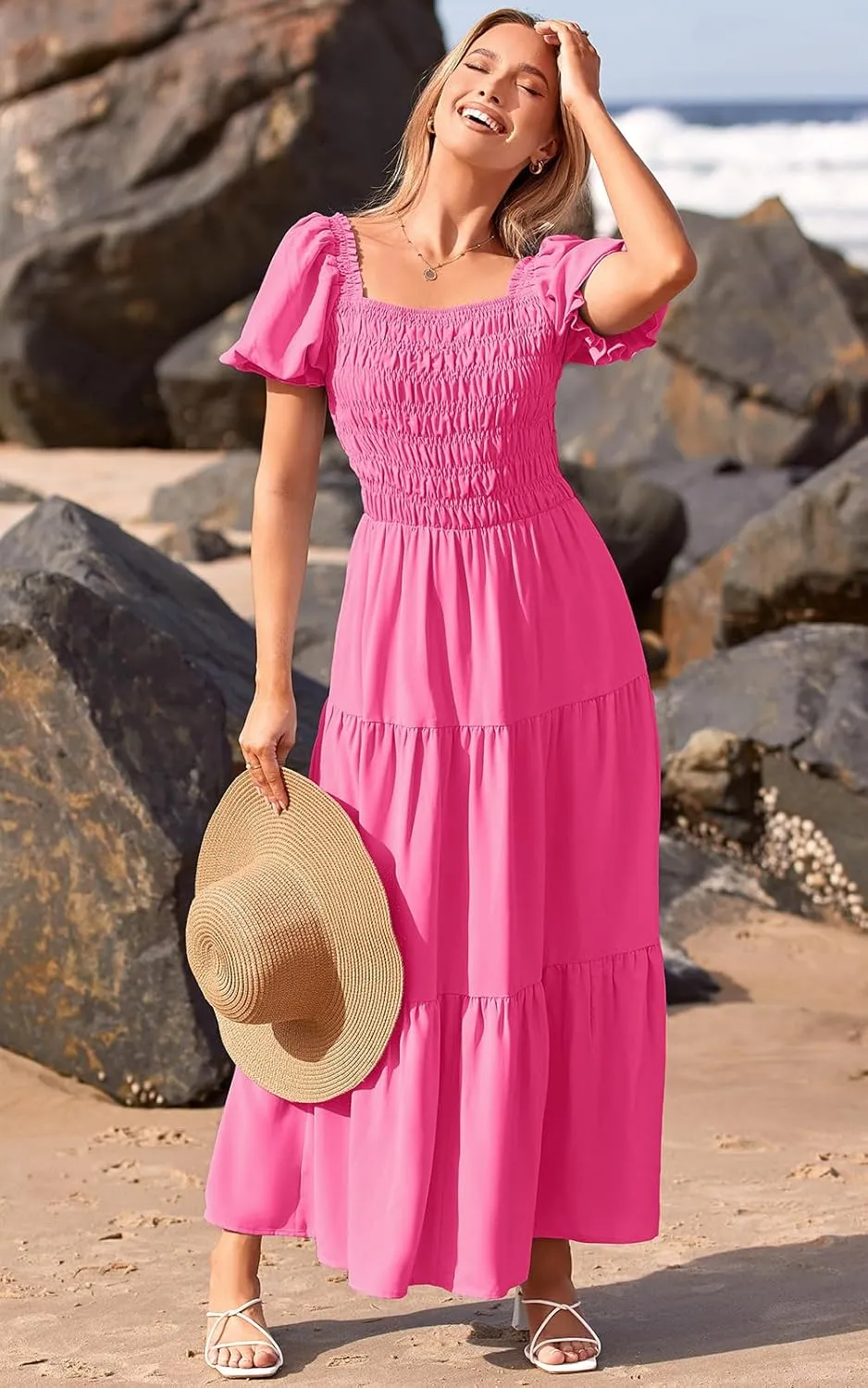 PRETTYGARDEN Women's Boho Floral Print Summer Dresses Square Neck Puff Sleeve A Line Long Dress Smocked Casual Maxi Dress