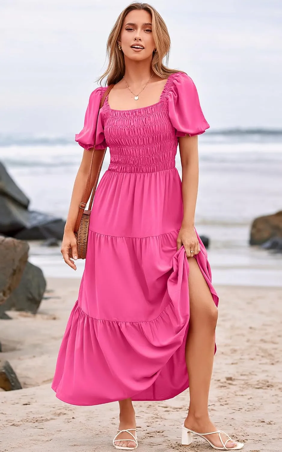 PRETTYGARDEN Women's Boho Floral Print Summer Dresses Square Neck Puff Sleeve A Line Long Dress Smocked Casual Maxi Dress
