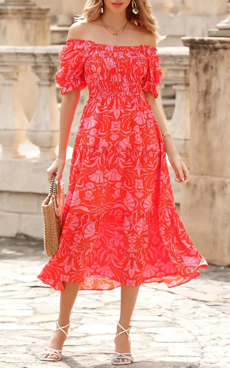 PRETTYGARDEN Women's Boho Floral Print Summer Dresses Square Neck Puff Sleeve A Line Long Dress Smocked Casual Maxi Dress