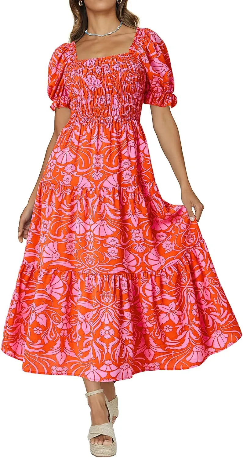 PRETTYGARDEN Women's Boho Floral Print Summer Dresses Square Neck Puff Sleeve A Line Long Dress Smocked Casual Maxi Dress
