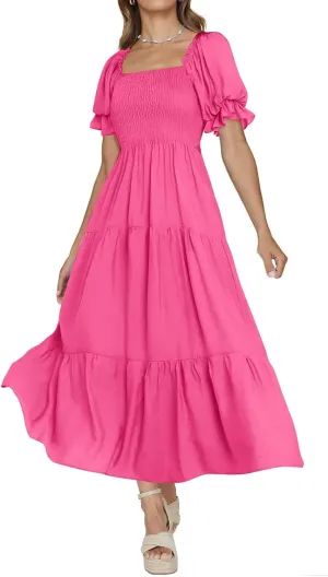 PRETTYGARDEN Women's Boho Floral Print Summer Dresses Square Neck Puff Sleeve A Line Long Dress Smocked Casual Maxi Dress
