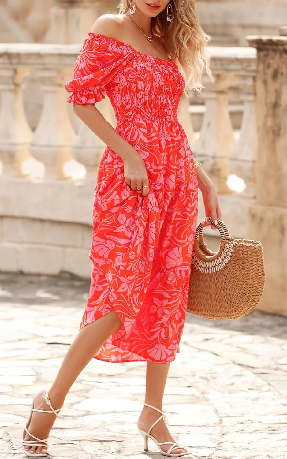 PRETTYGARDEN Women's Boho Floral Print Summer Dresses Square Neck Puff Sleeve A Line Long Dress Smocked Casual Maxi Dress