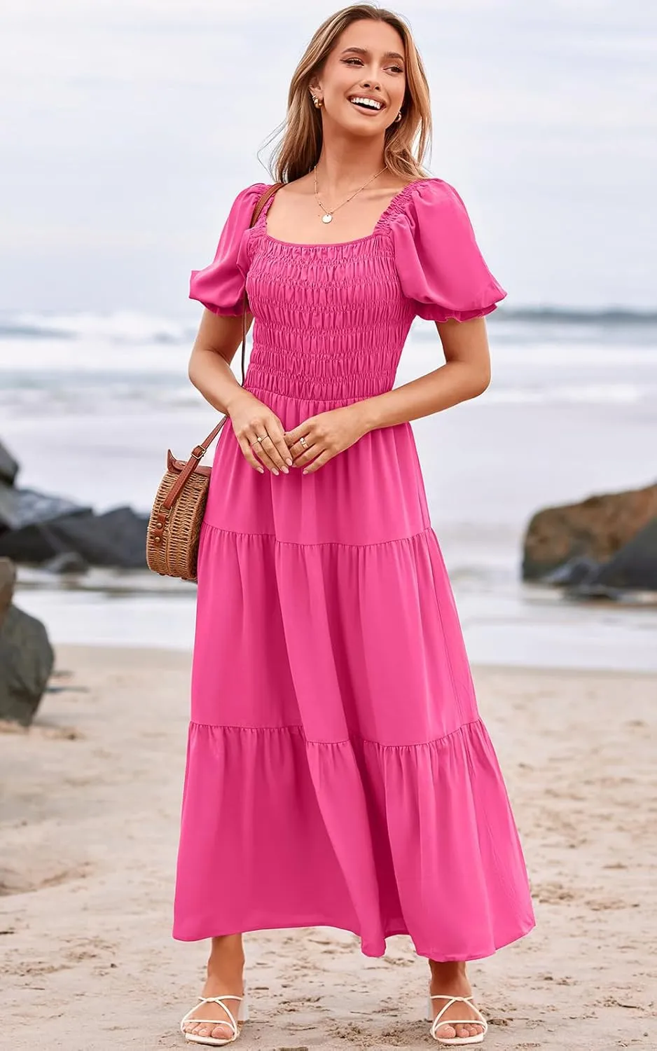 PRETTYGARDEN Women's Boho Floral Print Summer Dresses Square Neck Puff Sleeve A Line Long Dress Smocked Casual Maxi Dress