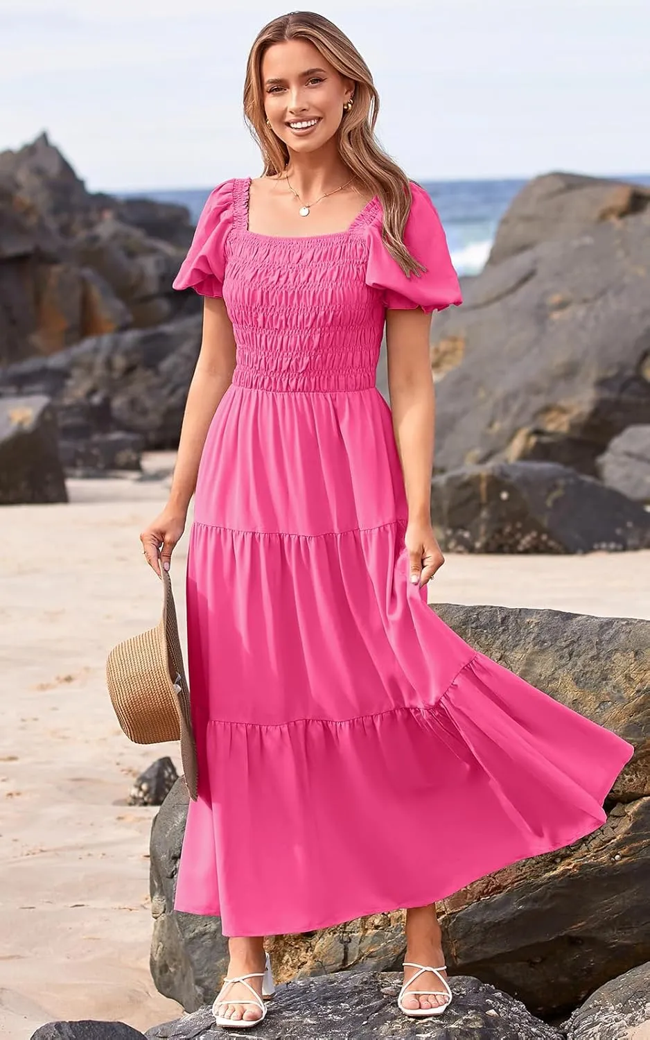 PRETTYGARDEN Women's Boho Floral Print Summer Dresses Square Neck Puff Sleeve A Line Long Dress Smocked Casual Maxi Dress