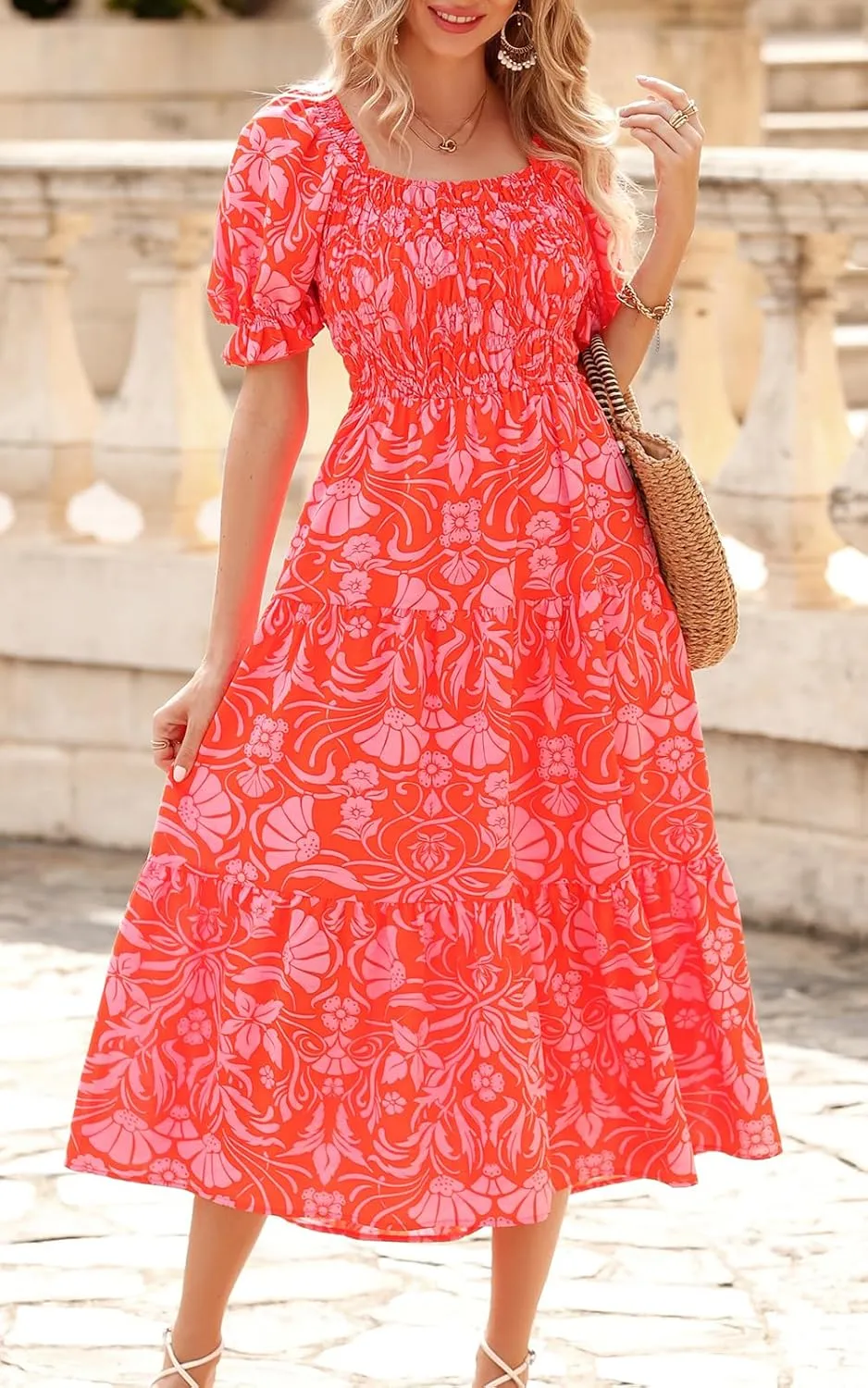 PRETTYGARDEN Women's Boho Floral Print Summer Dresses Square Neck Puff Sleeve A Line Long Dress Smocked Casual Maxi Dress