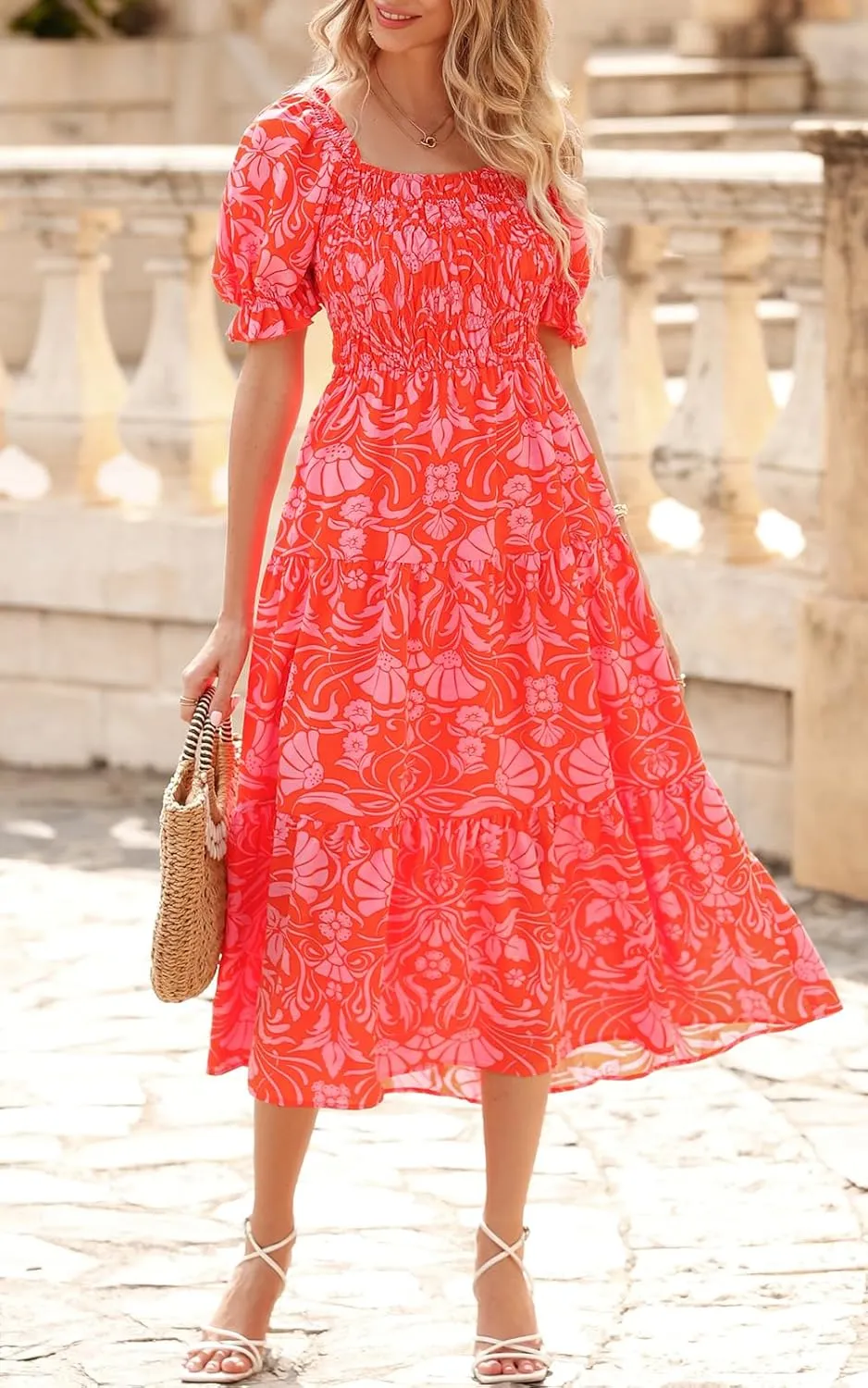 PRETTYGARDEN Women's Boho Floral Print Summer Dresses Square Neck Puff Sleeve A Line Long Dress Smocked Casual Maxi Dress