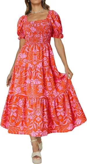 PRETTYGARDEN Women's Boho Floral Print Summer Dresses Square Neck Puff Sleeve A Line Long Dress Smocked Casual Maxi Dress