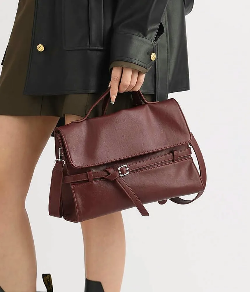 PU Leather Belted Top-handle Satchel Shoulder Bags Vintage Work Tote Purses for Women 2025 Crossbody Handbags Hobo Bag