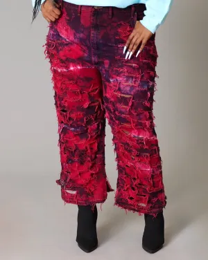 RED DYED SHREDDED DENIM - PLUS