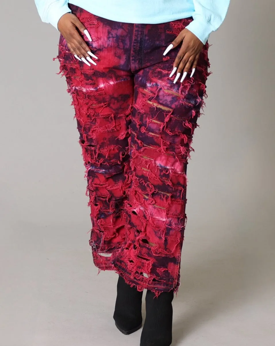 RED DYED SHREDDED DENIM - PLUS