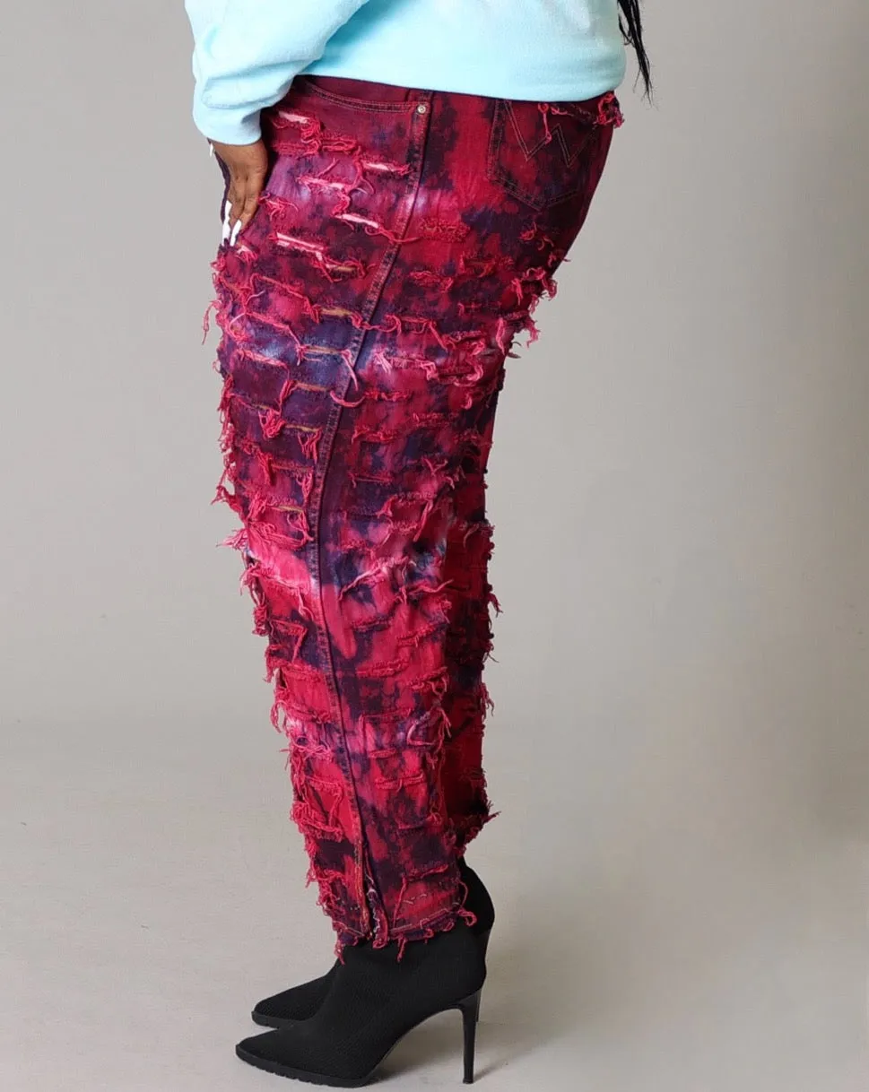 RED DYED SHREDDED DENIM - PLUS