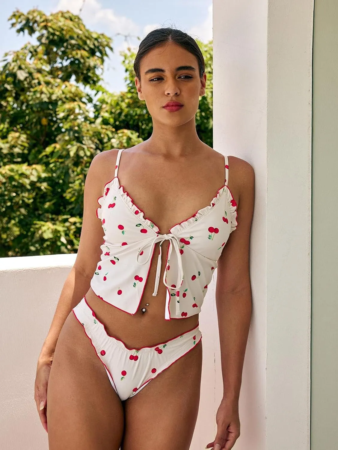 seamoly Gingham Bowknot Decor Smocked Ruffles Tie Front Tankini Set