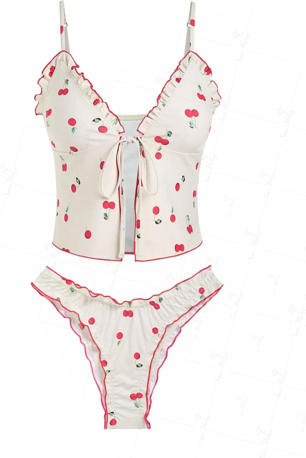 seamoly Gingham Bowknot Decor Smocked Ruffles Tie Front Tankini Set