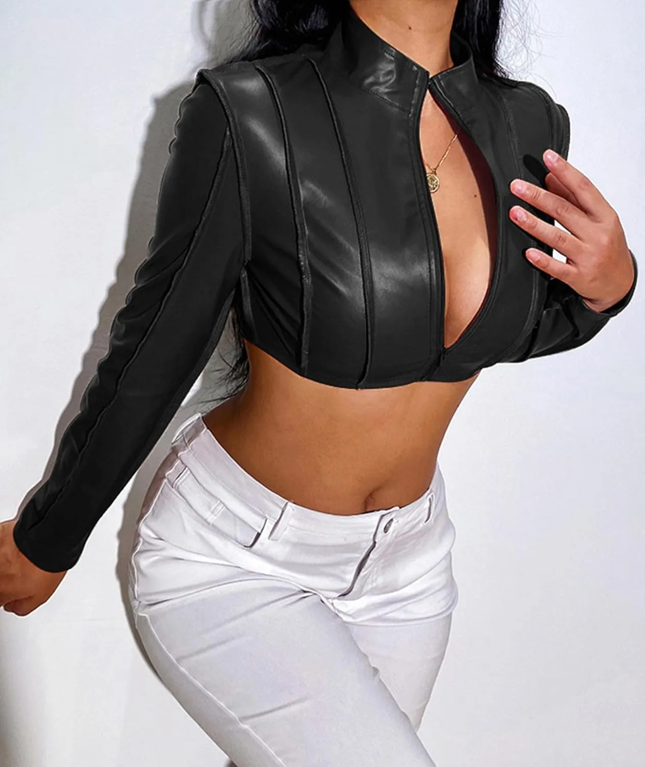 SEMATOMALA Women's PU Faxu Leather Mock Neck Cropped Jacket Long Sleeve Zip Up Bolero Coat Y2K Shirt Crop Tops