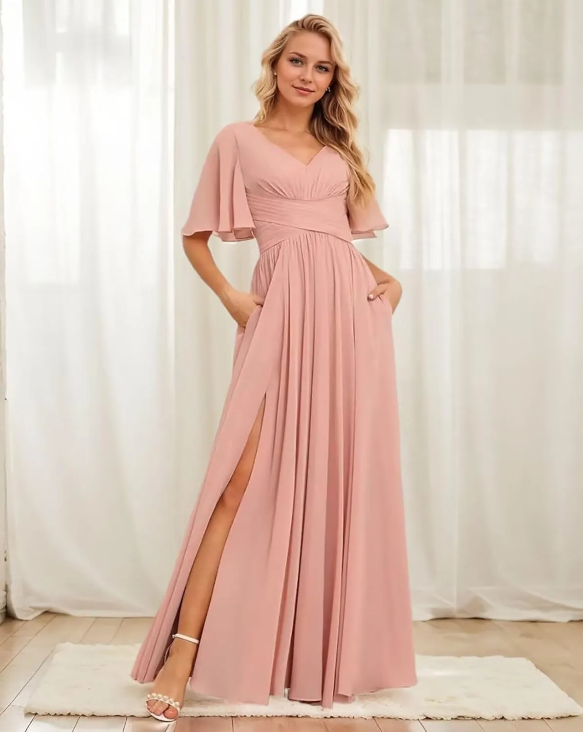 Short Sleeve Chiffon Bridesmaid Dresses for Wedding V Neck Ruffle A-Line Long Formal Dresses for Women with Slit