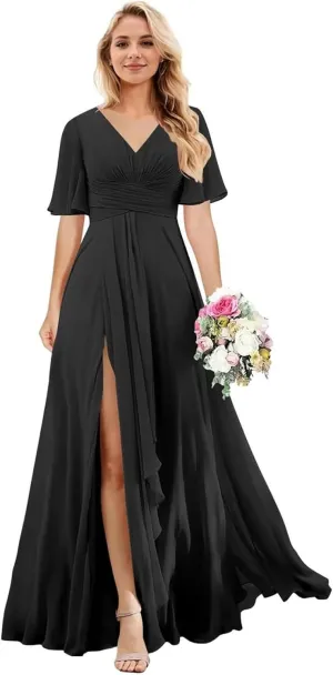 Short Sleeve Chiffon Bridesmaid Dresses for Wedding V Neck Ruffle A-Line Long Formal Dresses for Women with Slit