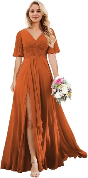 Short Sleeve Chiffon Bridesmaid Dresses for Wedding V Neck Ruffle A-Line Long Formal Dresses for Women with Slit