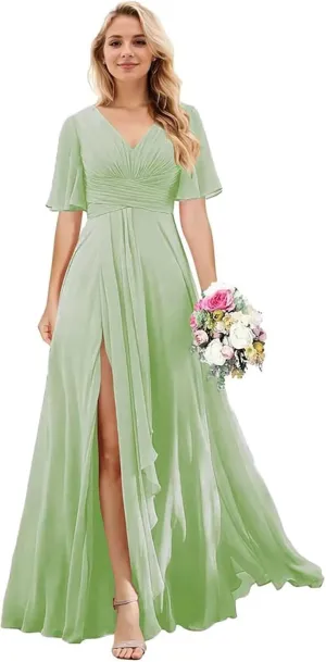 Short Sleeve Chiffon Bridesmaid Dresses for Wedding V Neck Ruffle A-Line Long Formal Dresses for Women with Slit