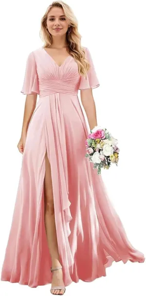 Short Sleeve Chiffon Bridesmaid Dresses for Wedding V Neck Ruffle A-Line Long Formal Dresses for Women with Slit
