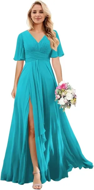 Short Sleeve Chiffon Bridesmaid Dresses for Wedding V Neck Ruffle A-Line Long Formal Dresses for Women with Slit