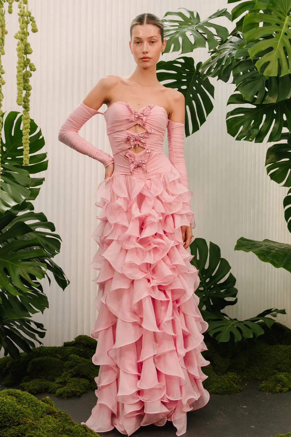 SILK PLISSE RUFFLE MAXI GOWN (RUNWAY)