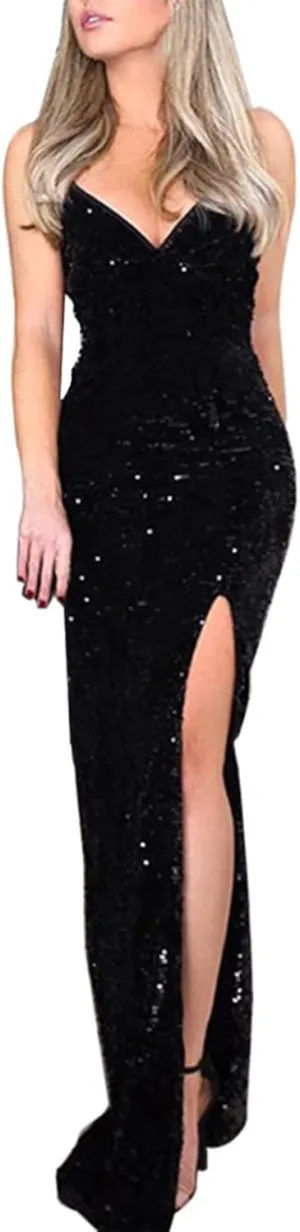 Spaghetti Straps Sequin Prom Dresses Long Mermaid Glitter Backless Evening Party Gowns Slit Wedding Guests Dresses