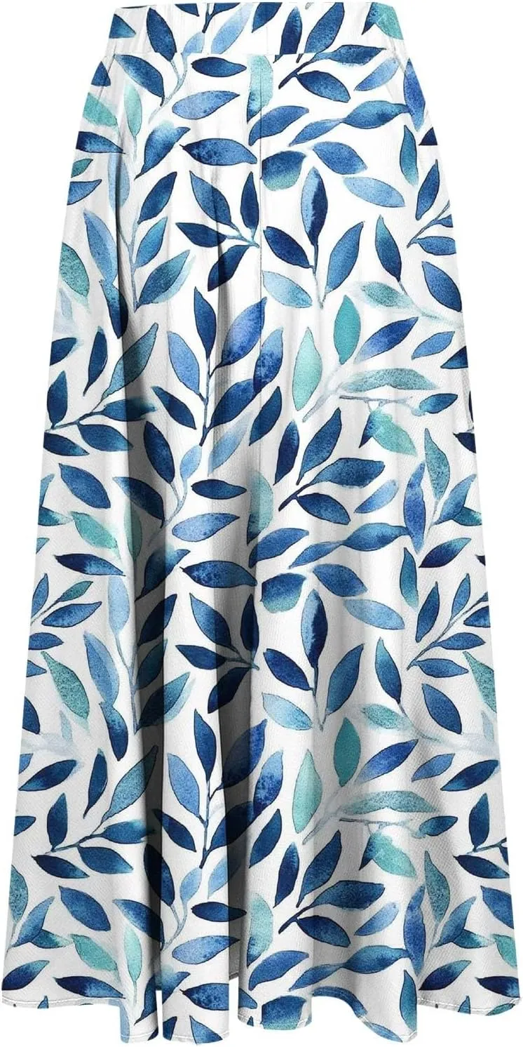 Summer Boho Floral Maxi Skirts for Women Casual Flowy Swing Pleated Beach Long Skirt Elastic Waisted A-line Skirt