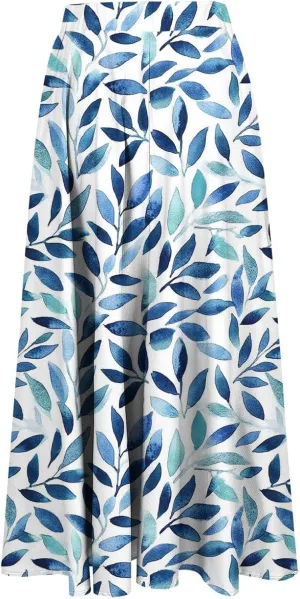 Summer Boho Floral Maxi Skirts for Women Casual Flowy Swing Pleated Beach Long Skirt Elastic Waisted A-line Skirt