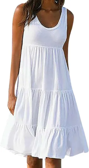 Summer Dresses for Women 2024 Hawaiian Tropical Dress Loose Tiered Beach Sundresses Casual Solid Crew Neck Clothing