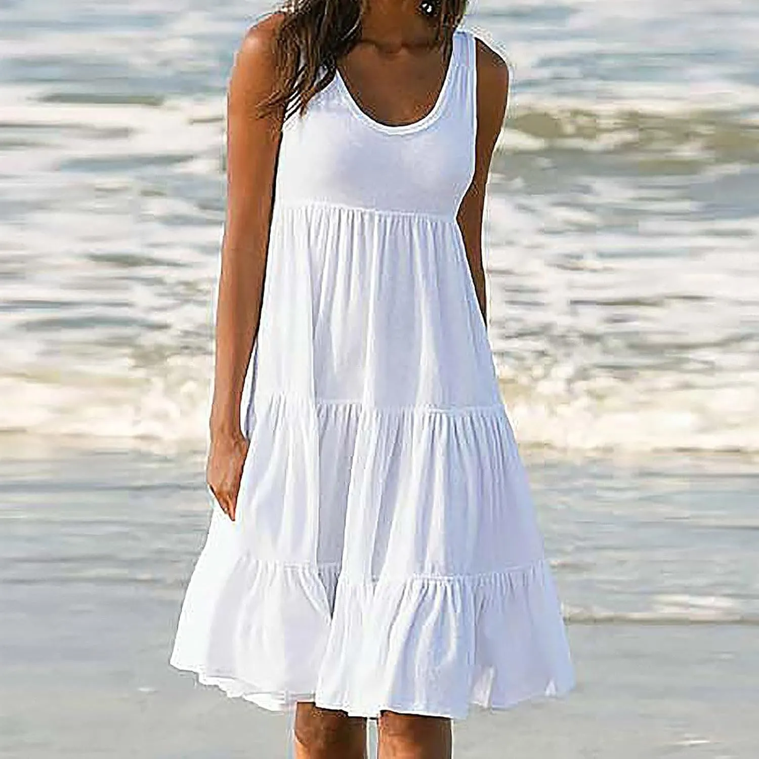 Summer Dresses for Women 2024 Hawaiian Tropical Dress Loose Tiered Beach Sundresses Casual Solid Crew Neck Clothing