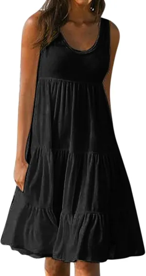 Summer Dresses for Women 2024 Hawaiian Tropical Dress Loose Tiered Beach Sundresses Casual Solid Crew Neck Clothing