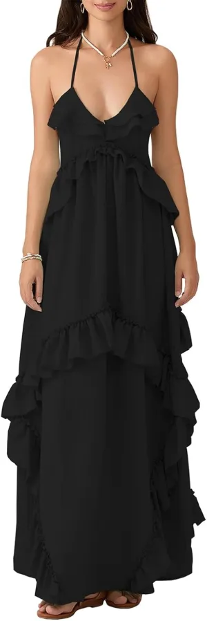 Summer Going Out Floral Swing Boho Maxi Dress Women Casual Sleeveless Loose A-line Ruffle Long Beach Dress
