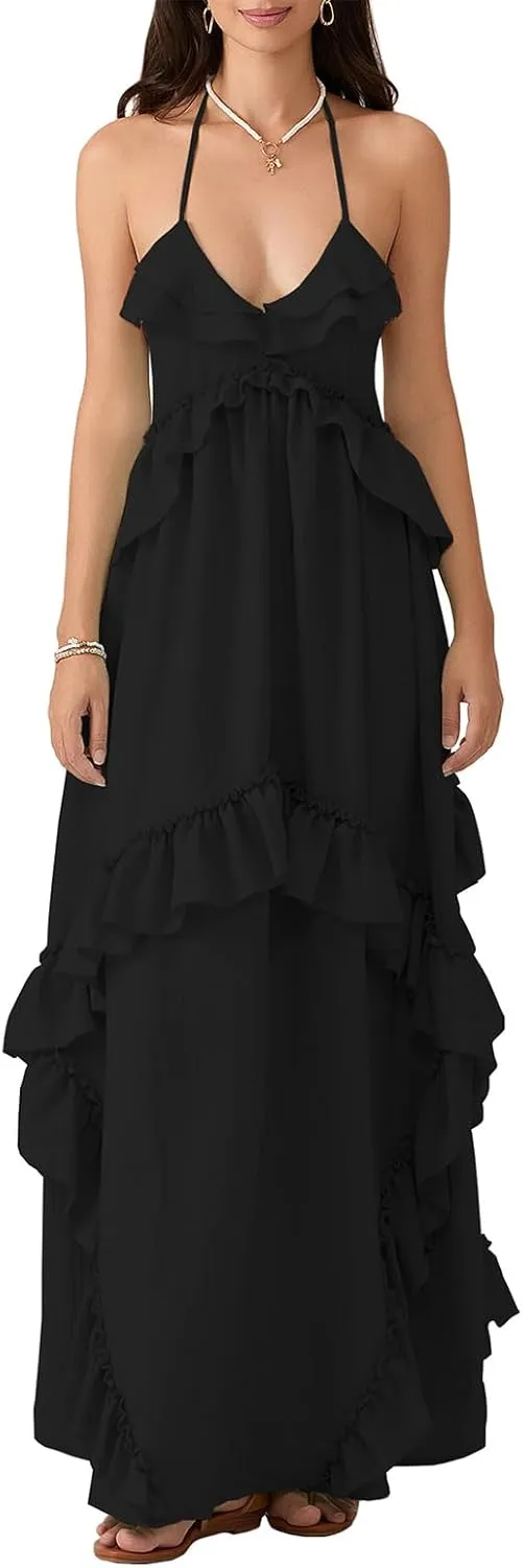 Summer Going Out Floral Swing Boho Maxi Dress Women Casual Sleeveless Loose A-line Ruffle Long Beach Dress