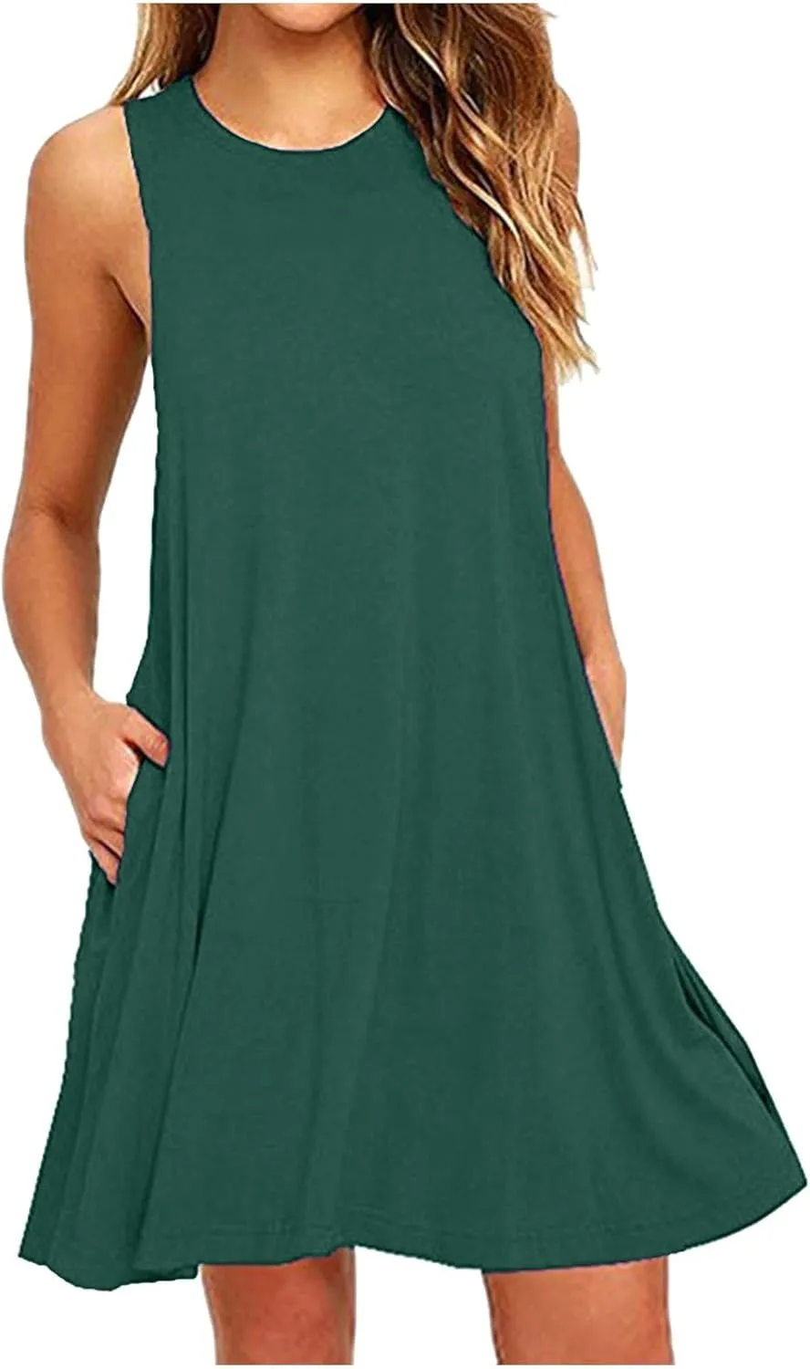 Sundresses for Women 2024 Solid Color Crewneck Sleeveless Summer Dress Loose Fit Tunic Midi Dress Flowy Swing Sundresses
