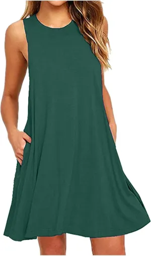 Sundresses for Women 2024 Solid Color Crewneck Sleeveless Summer Dress Loose Fit Tunic Midi Dress Flowy Swing Sundresses