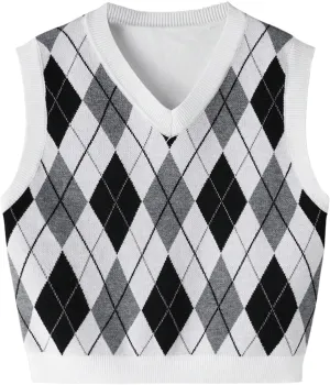 SweatyRocks Girl's Argyle Plaid Sweater Vest V Neck Sleeveless Preppy Knit Vest Tops