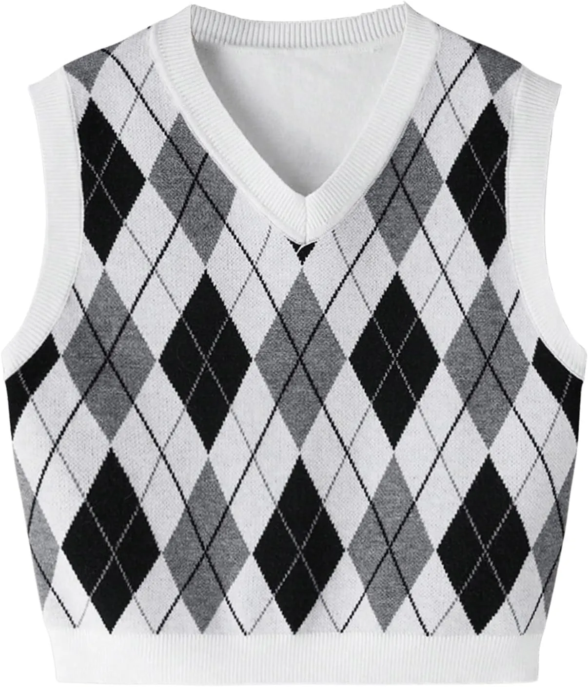 SweatyRocks Girl's Argyle Plaid Sweater Vest V Neck Sleeveless Preppy Knit Vest Tops