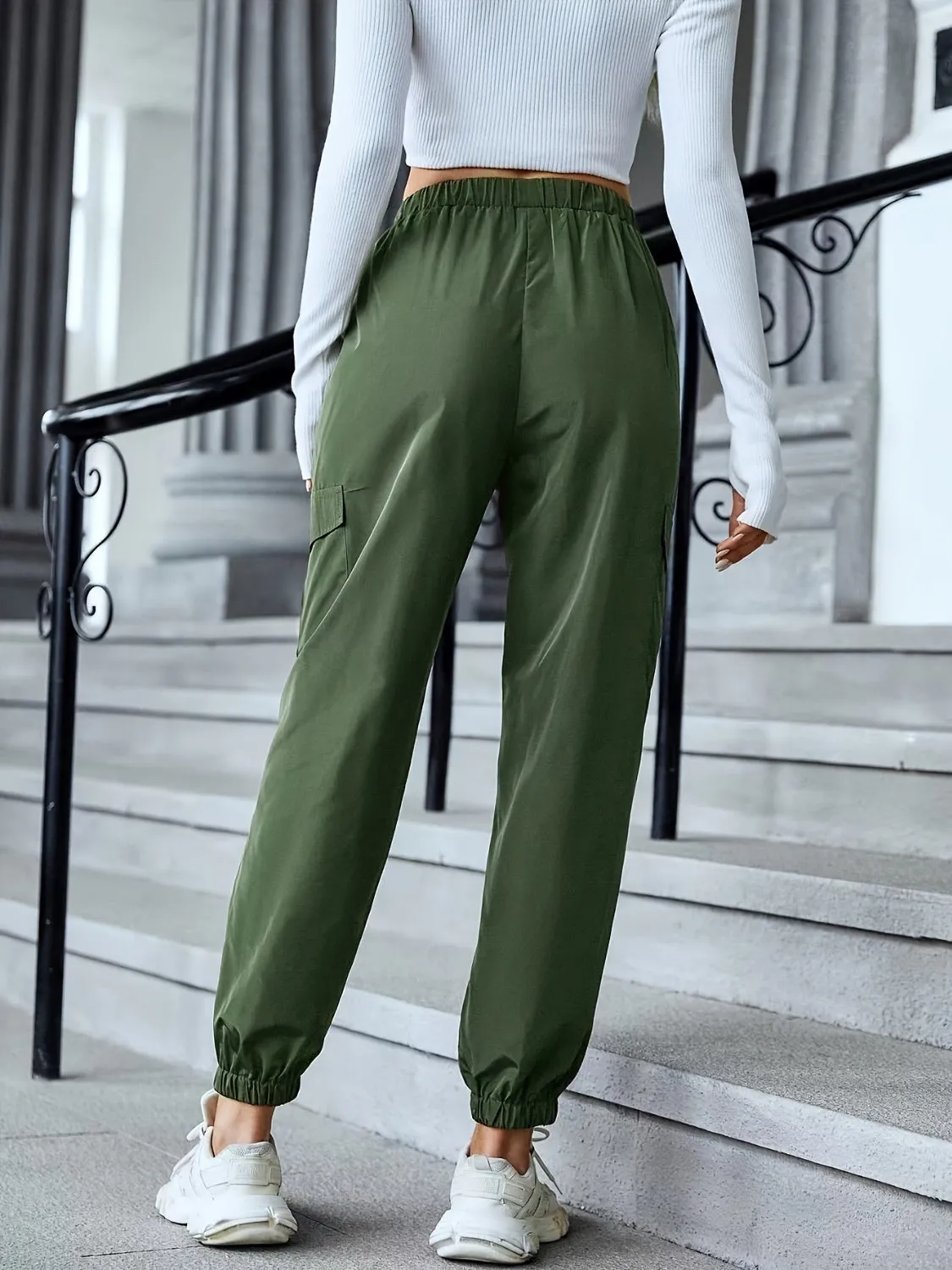 TEEK - Army Green Elastic Waist Pocketed Pants