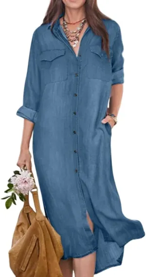 TIAFORD Women's Denim Button Down Long Shirt Dress Casual Lapel Long Sleeve Jean Tshirt Dress with Pockets Plus Size