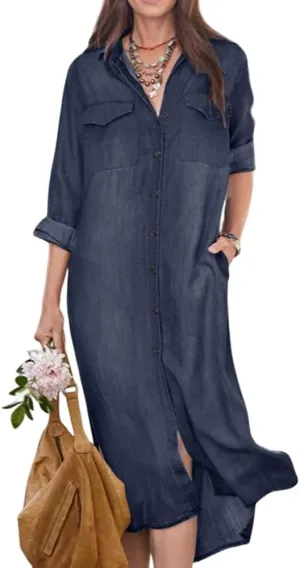 TIAFORD Women's Denim Button Down Long Shirt Dress Casual Lapel Long Sleeve Jean Tshirt Dress with Pockets Plus Size